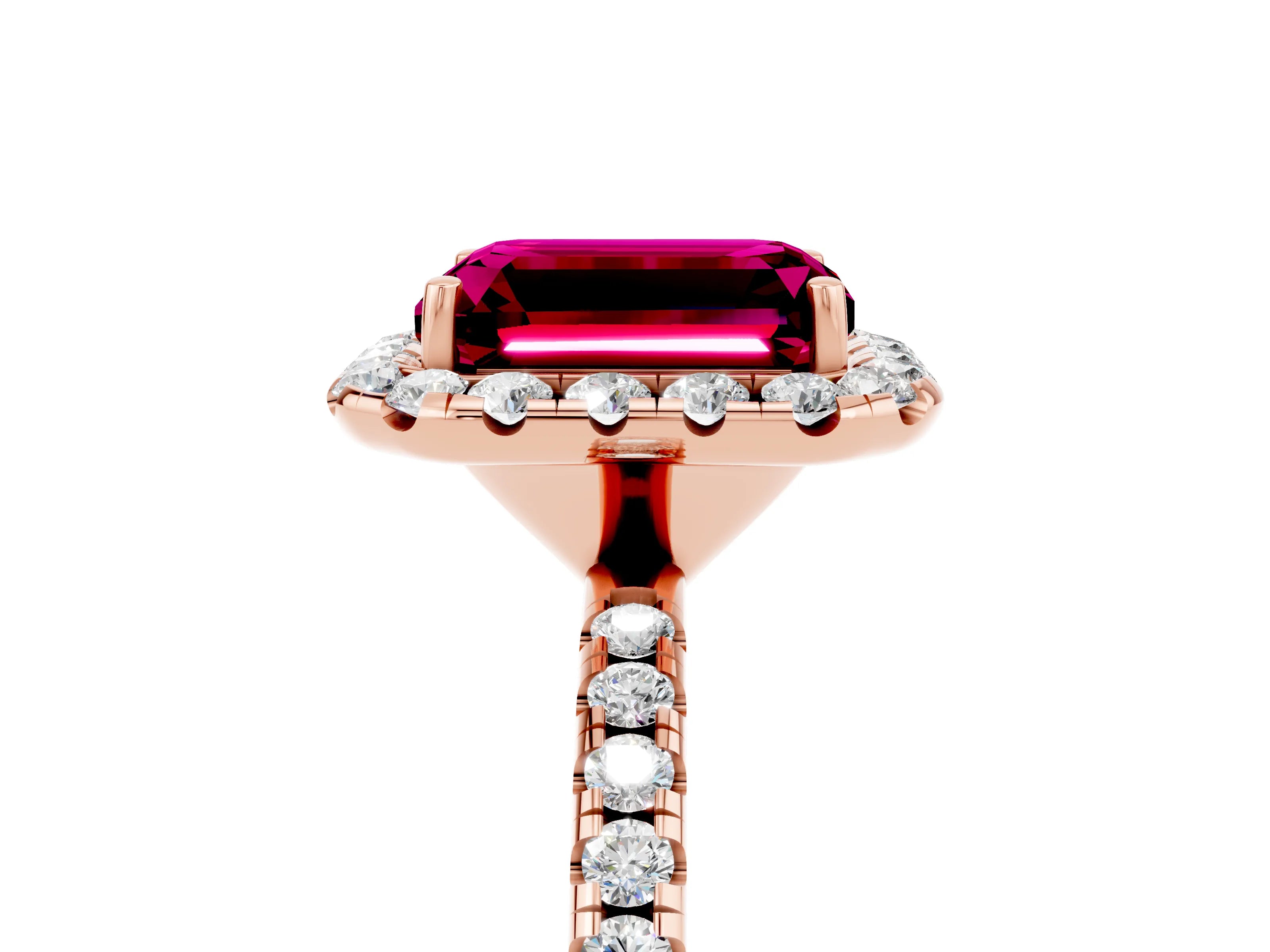 Rose gold Emerald Cut Cut Diamond Floral Halo Engagement Ring with Pavé Band and Prong Setting_5