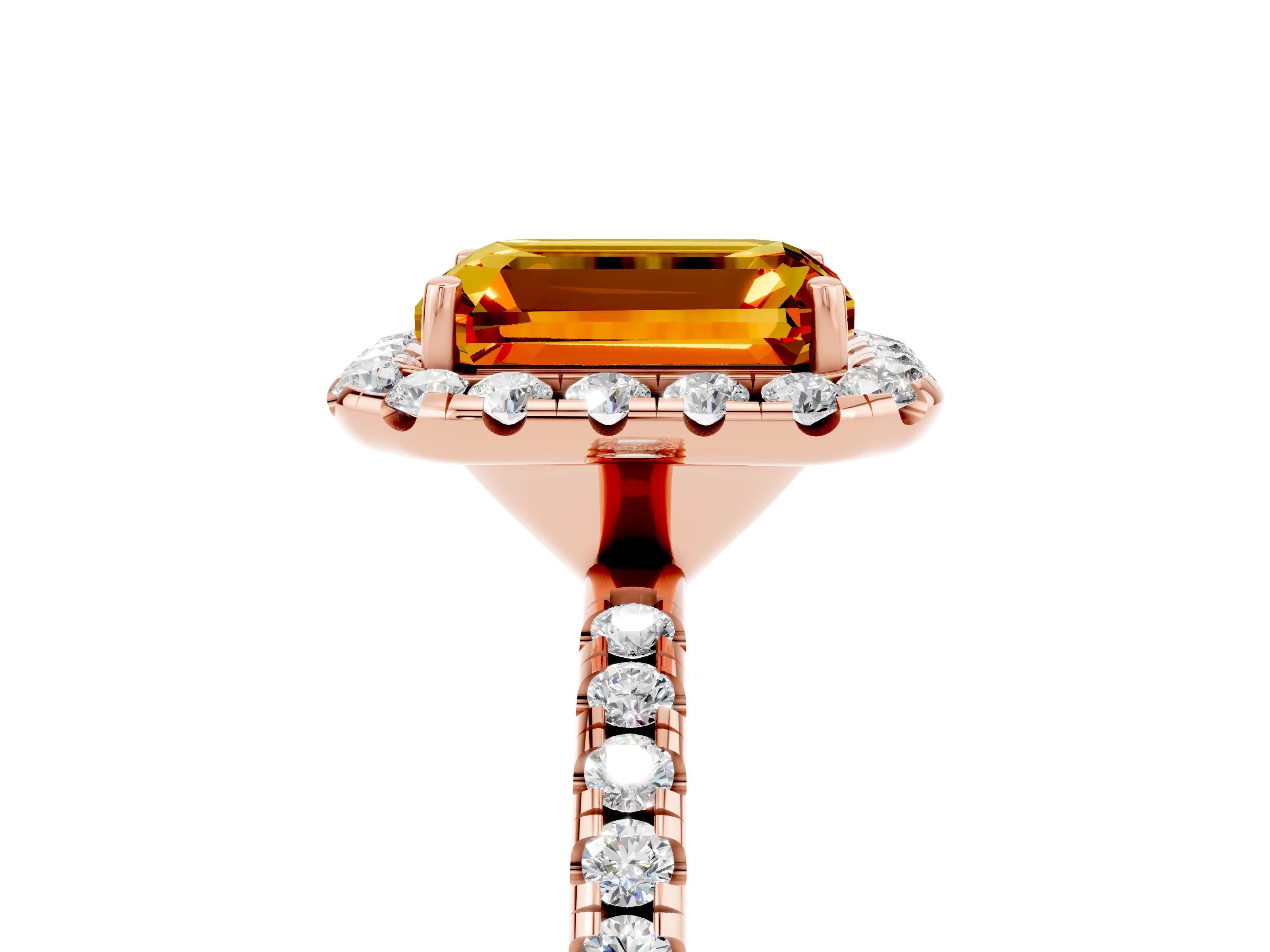 Rose gold Emerald Cut Cut Diamond Floral Halo Engagement Ring with Pavé Band and Prong Setting_5