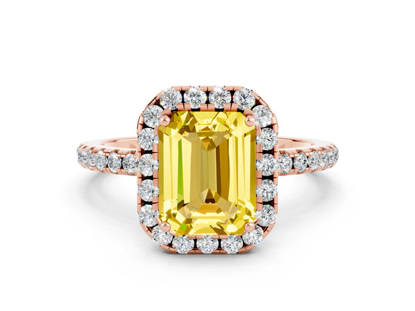 Rose gold Emerald Cut Yellow Sapphire Halo Engagement Ring with Round Pavé Band and Prong Setting