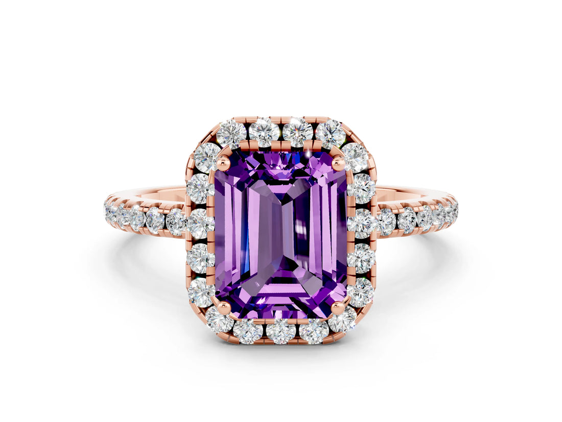 Rose gold Emerald Cut Cut Diamond Floral Halo Engagement Ring with Pavé Band and Prong Setting