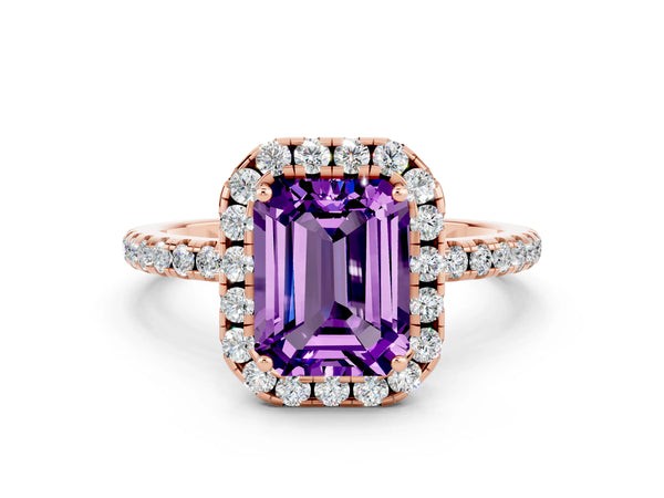 Rose gold Emerald Cut Amethyst Halo Engagement Ring with Round Pavé Band and Prong Setting