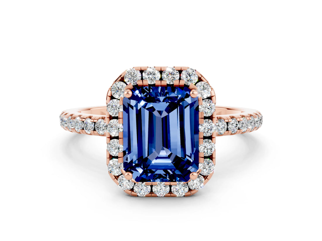 Rose gold Emerald Cut Cut Diamond Floral Halo Engagement Ring with Pavé Band and Prong Setting