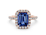 Rose gold Emerald Cut Cut Diamond Floral Halo Engagement Ring with Pavé Band and Prong Setting