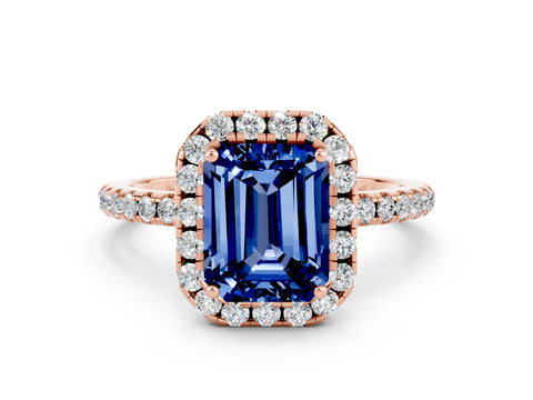Rose gold Emerald Cut Cut Diamond Floral Halo Engagement Ring with Pavé Band and Prong Setting