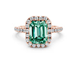 Rose gold Emerald Cut Cut Diamond Floral Halo Engagement Ring with Pavé Band and Prong Setting