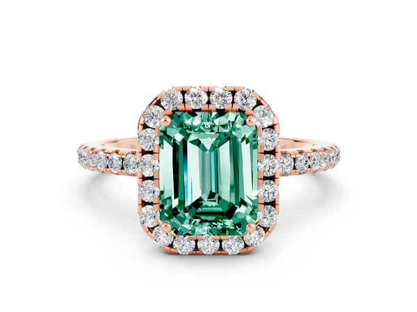 Rose gold Emerald Cut Green Sapphire Halo Engagement Ring with Round Pavé Band and Prong Setting