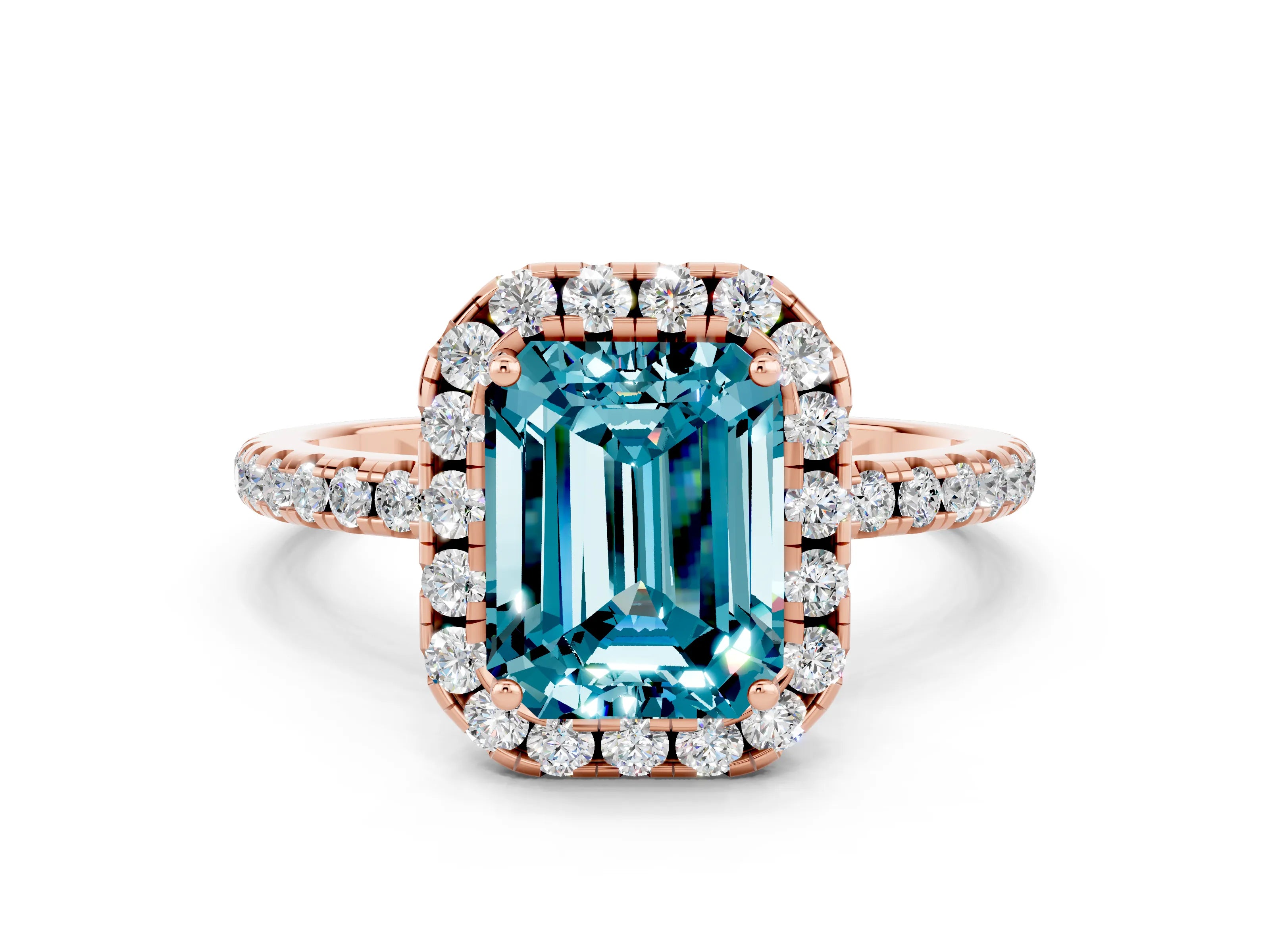 Rose gold Emerald Cut Cut Diamond Floral Halo Engagement Ring with Pavé Band and Prong Setting