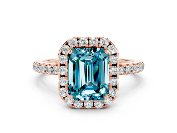 Rose gold Emerald Cut Cut Diamond Floral Halo Engagement Ring with Pavé Band and Prong Setting