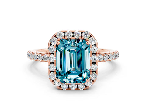 Rose gold Emerald Cut Cut Diamond Floral Halo Engagement Ring with Pavé Band and Prong Setting