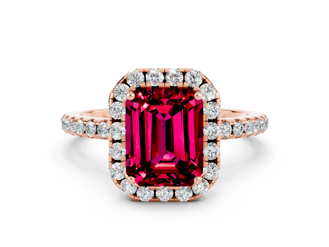 Rose gold Emerald Cut Cut Diamond Floral Halo Engagement Ring with Pavé Band and Prong Setting