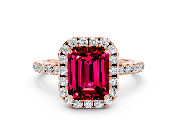 Rose gold Emerald Cut Garnet Halo Engagement Ring with Round Pavé Band and Prong Setting