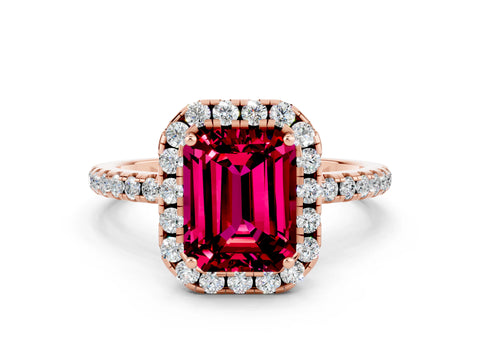 Rose gold Emerald Cut Cut Diamond Floral Halo Engagement Ring with Pavé Band and Prong Setting