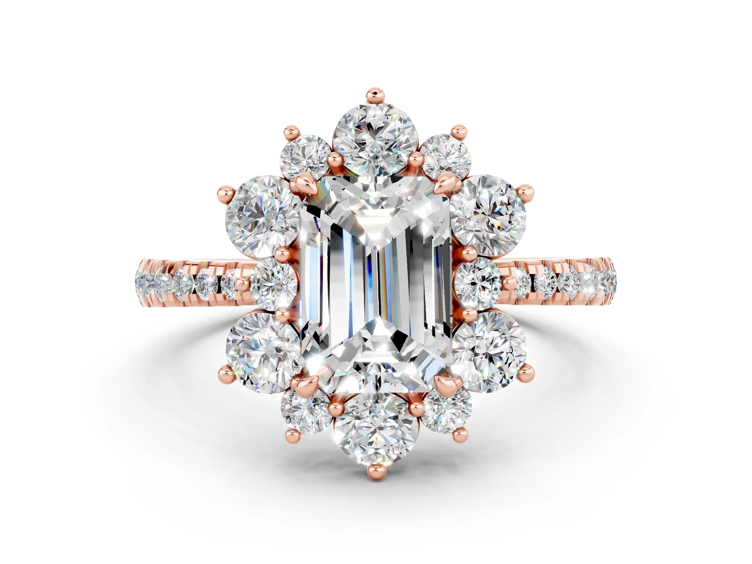 Rose gold Emerald Cut Cut Diamond Floral Halo Pave Band with Prong Setting