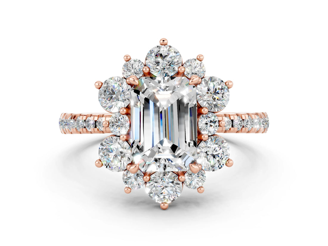 Rose gold Emerald Cut Cut Diamond Floral Halo Pave Band with Prong Setting
