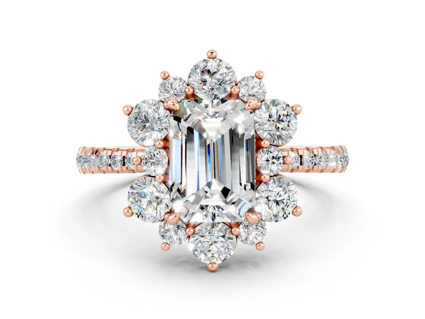 Rose gold Emerald Cut Moissanite Floral Halo Ring with Round Pavé Band and Prong Setting
