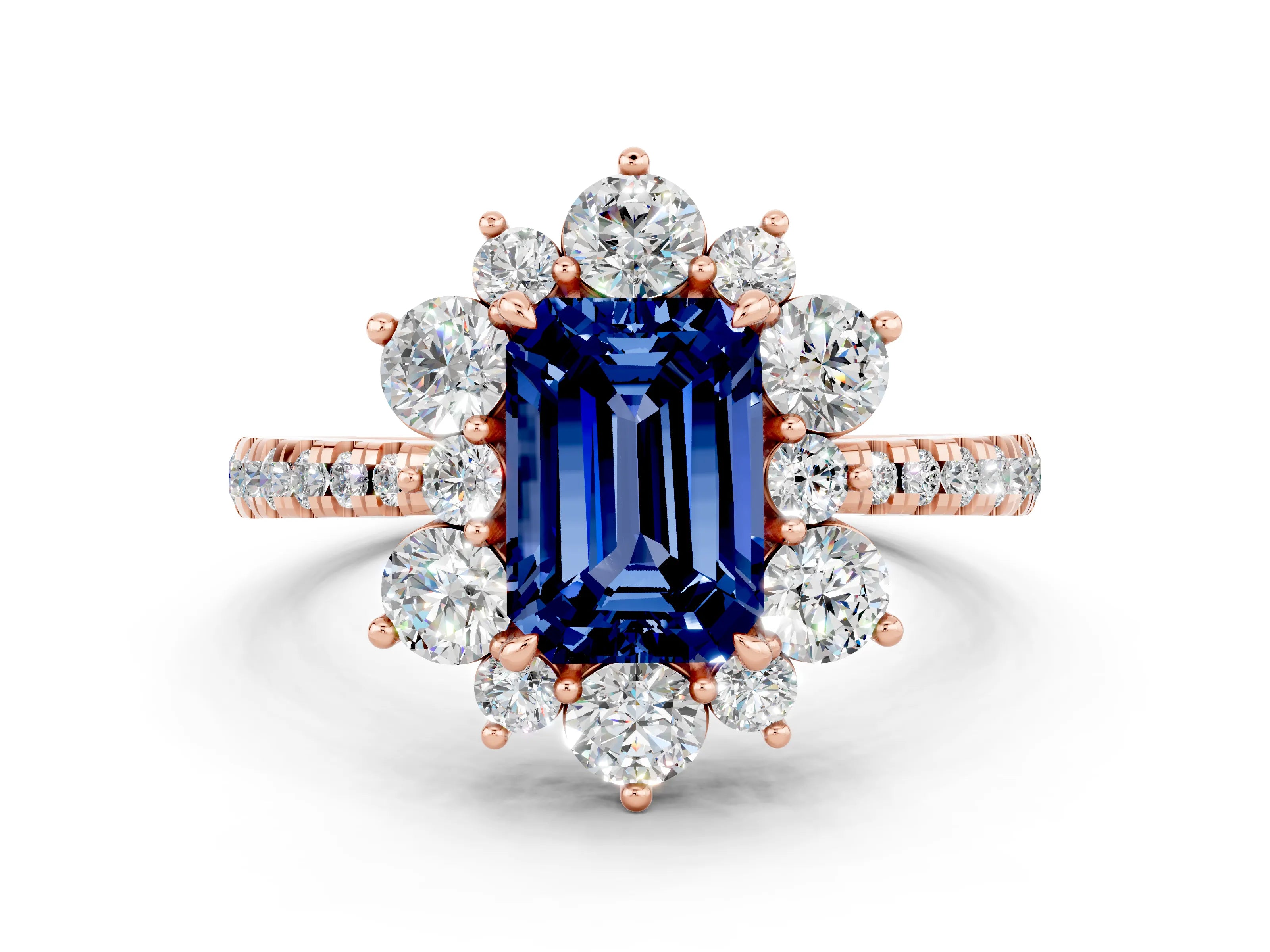 Rose gold Emerald Cut Cut Diamond Floral Halo Pave Band with Prong Setting