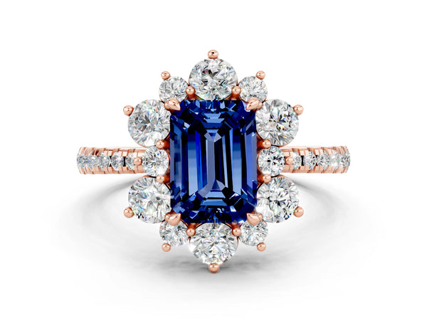 Rose gold Emerald Cut Blue Sapphire Floral Halo Ring with Round Pavé Band and Prong Setting