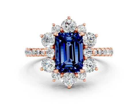 Rose gold Emerald Cut Cut Diamond Floral Halo Pave Band with Prong Setting
