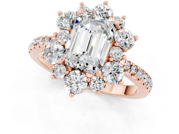 Rose gold Emerald Cut Moissanite Floral Halo Ring with Round Pavé Band and Prong Setting