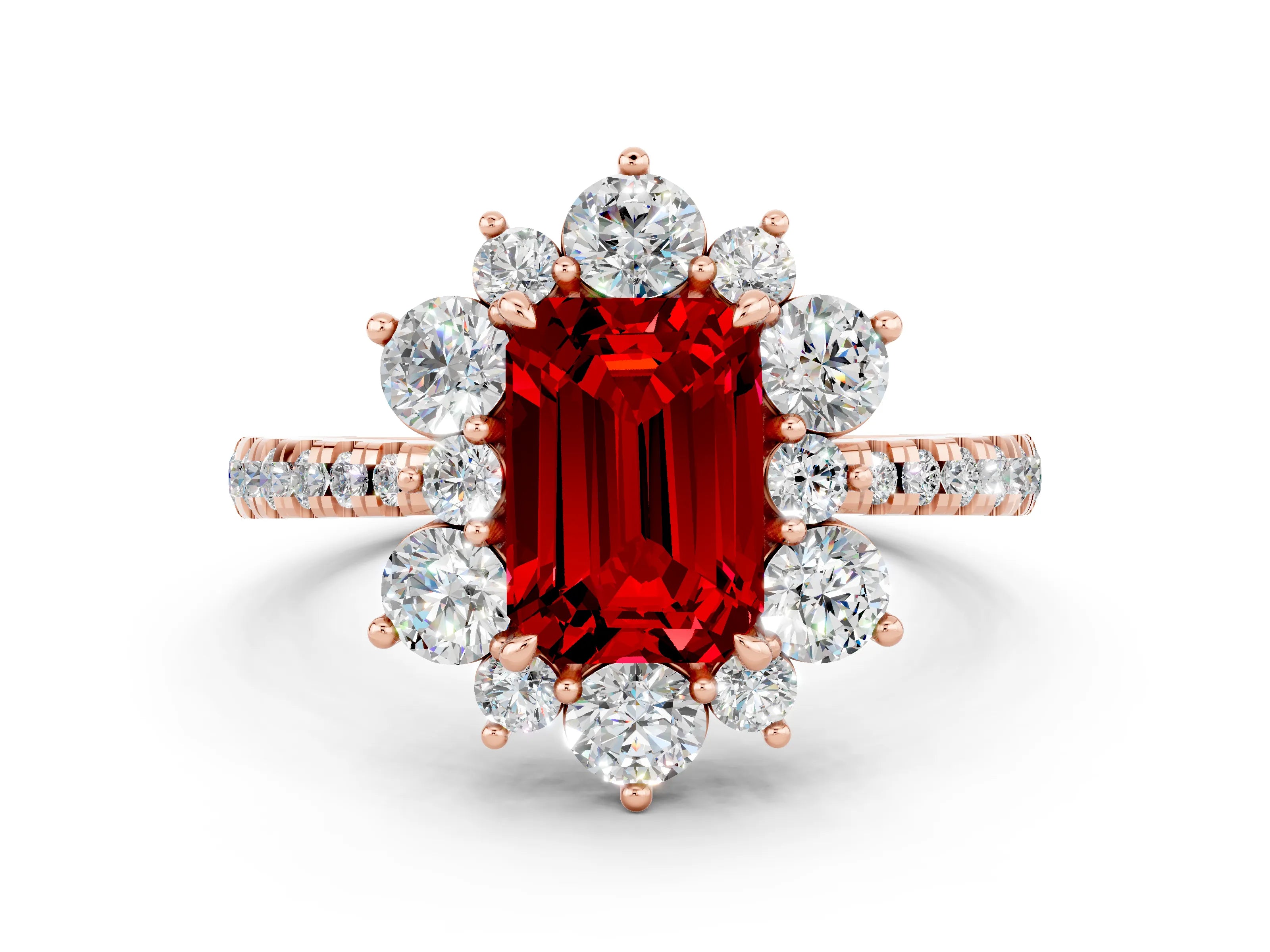 Rose gold Emerald Cut Cut Diamond Floral Halo Pave Band with Prong Setting