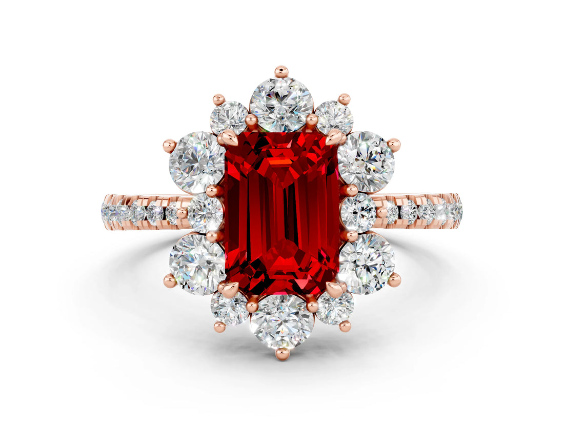 Rose gold Emerald Cut Cut Diamond Floral Halo Pave Band with Prong Setting