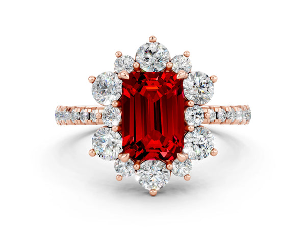 Rose gold Emerald Cut Ruby Floral Halo Ring with Round Pavé Band and Prong Setting