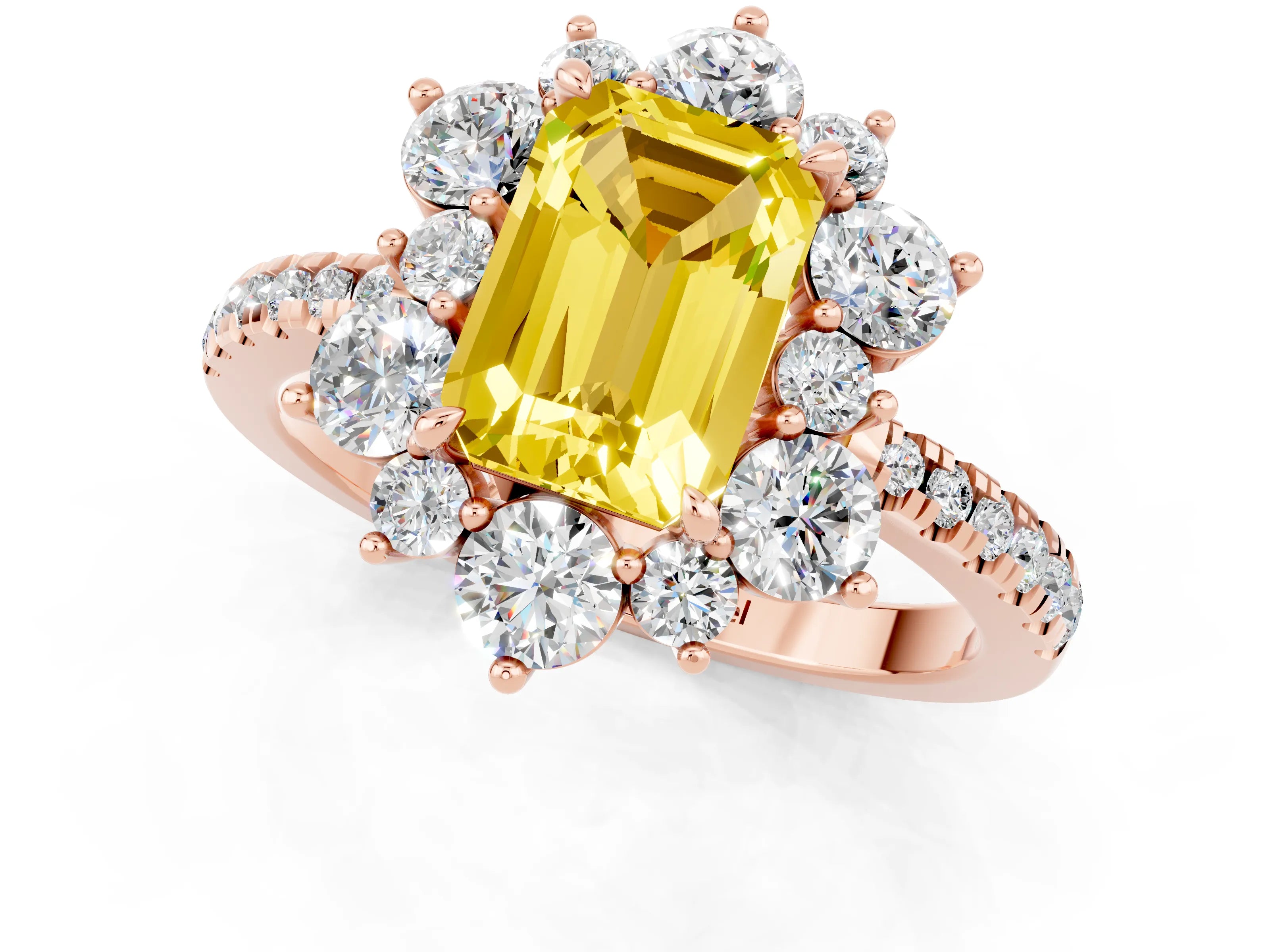 Rose gold Emerald Cut Cut Diamond Floral Halo Pave Band with Prong Setting_1