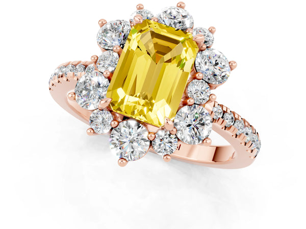 Rose gold Emerald Cut Yellow Sapphire Floral Halo Ring with Round Pavé Band and Prong Setting