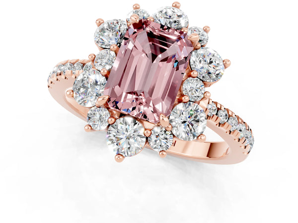 Rose gold Emerald Cut Cut Diamond Floral Halo Pave Band with Prong Setting