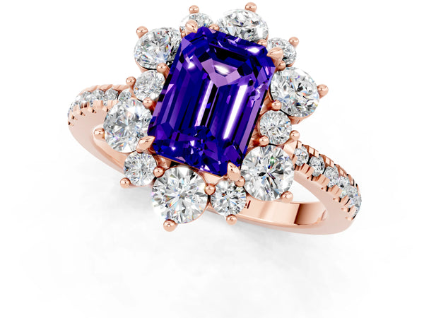 Rose gold Emerald Cut Tanzanite Floral Halo Ring with Round Pavé Band and Prong Setting