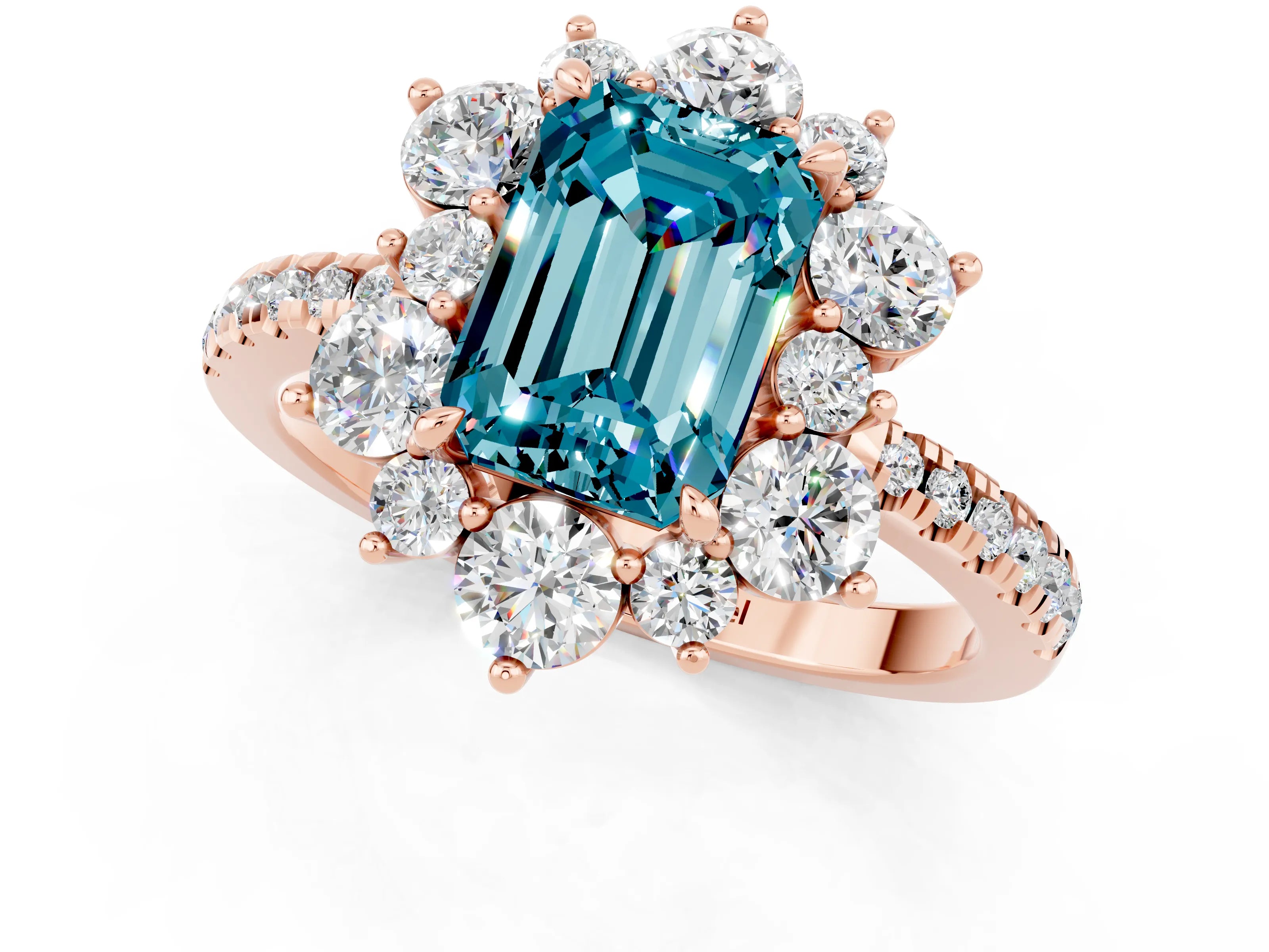 Rose gold Emerald Cut Cut Diamond Floral Halo Pave Band with Prong Setting_1