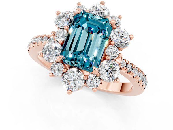 Rose gold Emerald Cut Cut Diamond Floral Halo Pave Band with Prong Setting