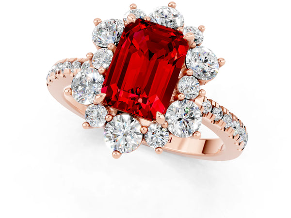 Rose gold Emerald Cut Ruby Floral Halo Ring with Round Pavé Band and Prong Setting