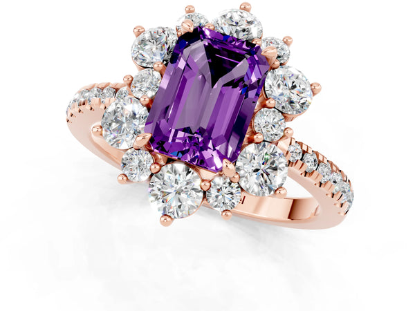 Rose gold Emerald Cut Amethyst Floral Halo Ring with Round Pavé Band and Prong Setting