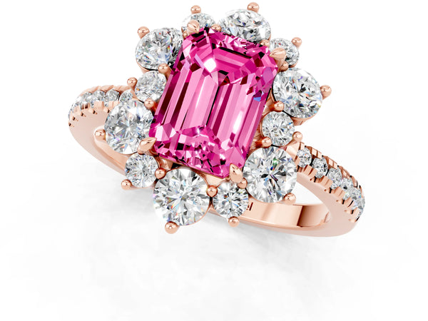 Rose gold Emerald Cut Pink Sapphire Floral Halo Ring with Round Pavé Band and Prong Setting
