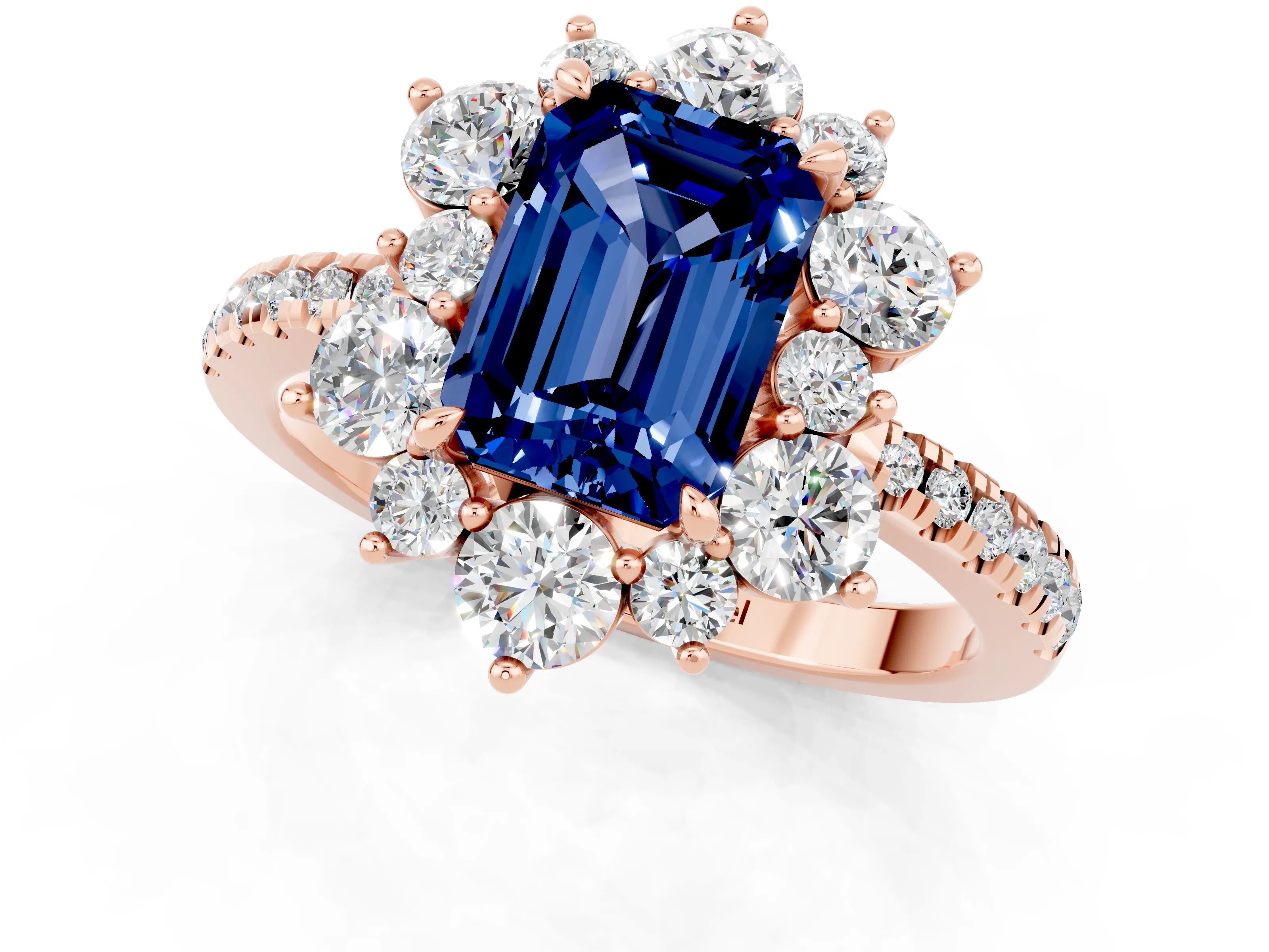 Rose gold Emerald Cut Cut Diamond Floral Halo Pave Band with Prong Setting_1