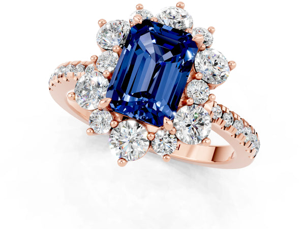 Rose gold Emerald Cut Blue Sapphire Floral Halo Ring with Round Pavé Band and Prong Setting