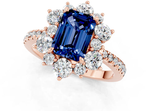 Rose gold Emerald Cut Cut Diamond Floral Halo Pave Band with Prong Setting_1
