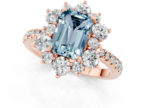 Rose gold Emerald Cut Aquamarine Floral Halo Ring with Round Pavé Band and Prong Setting