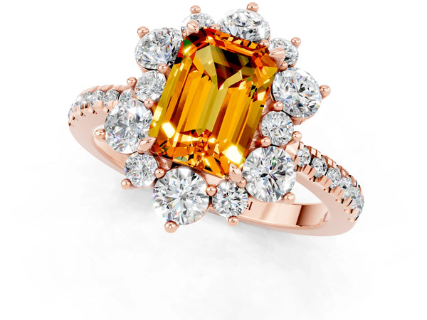Rose gold Emerald Cut Citrine Floral Halo Ring with Round Pavé Band and Prong Setting