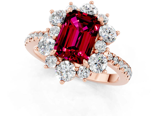 Rose gold Emerald Cut Garnet Floral Halo Ring with Round Pavé Band and Prong Setting