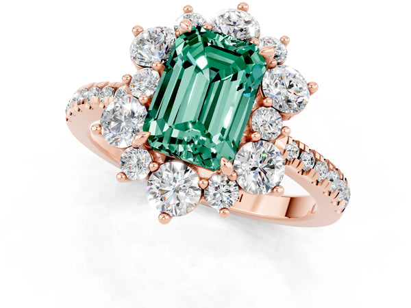 Rose gold Emerald Cut Green Sapphire Floral Halo Ring with Round Pavé Band and Prong Setting