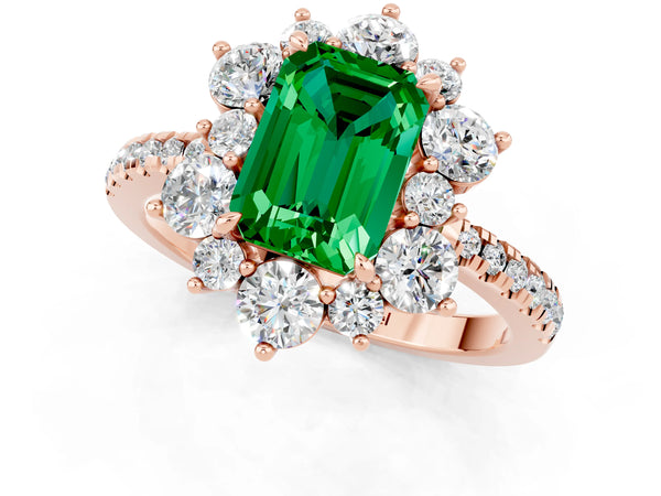 Rose gold Emerald Cut Emerald Floral Halo Ring with Round Pavé Band and Prong Setting