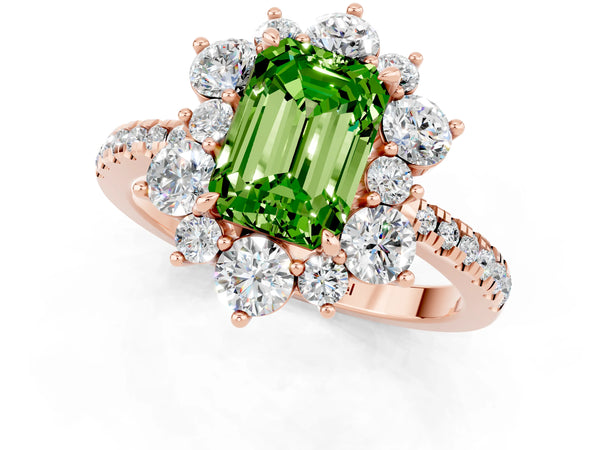 Rose gold Emerald Cut Cut Diamond Floral Halo Pave Band with Prong Setting