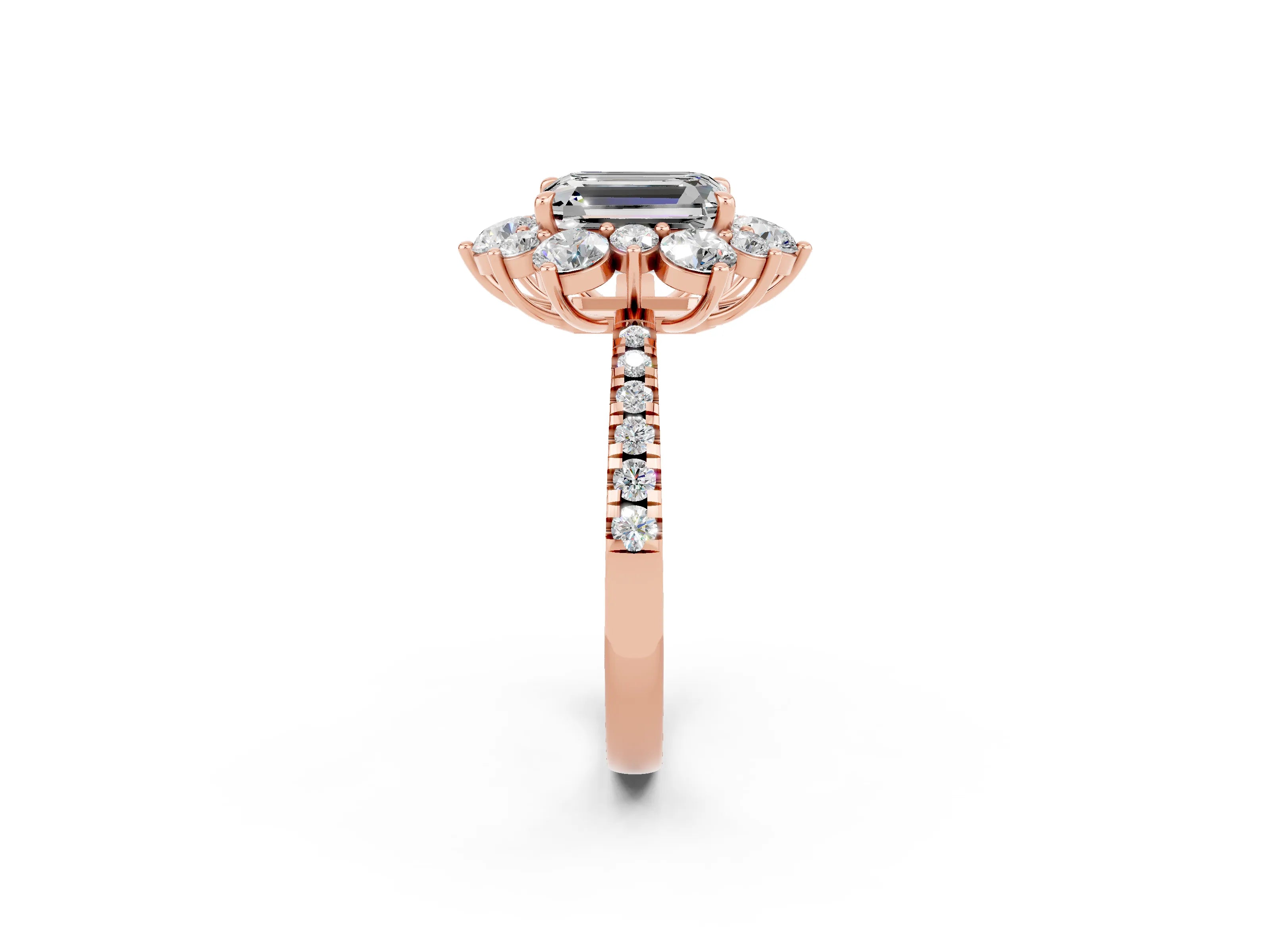 Rose gold Emerald Cut Cut Diamond Floral Halo Pave Band with Prong Setting_2
