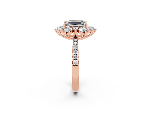 Rose gold Emerald Cut Moissanite Floral Halo Ring with Round Pavé Band and Prong Setting