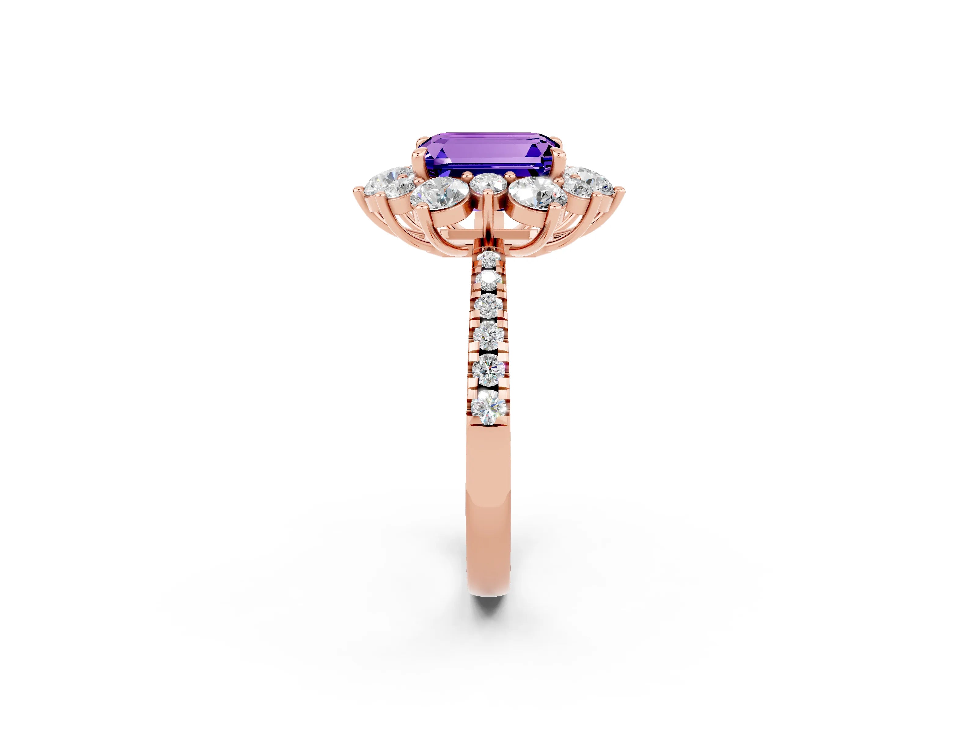 Rose gold Emerald Cut Cut Diamond Floral Halo Pave Band with Prong Setting_2