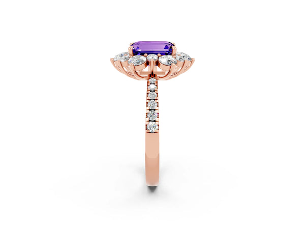 Rose gold Emerald Cut Tanzanite Floral Halo Ring with Round Pavé Band and Prong Setting