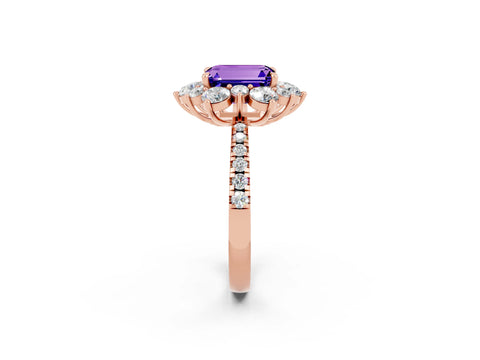 Rose gold Emerald Cut Cut Diamond Floral Halo Pave Band with Prong Setting_2