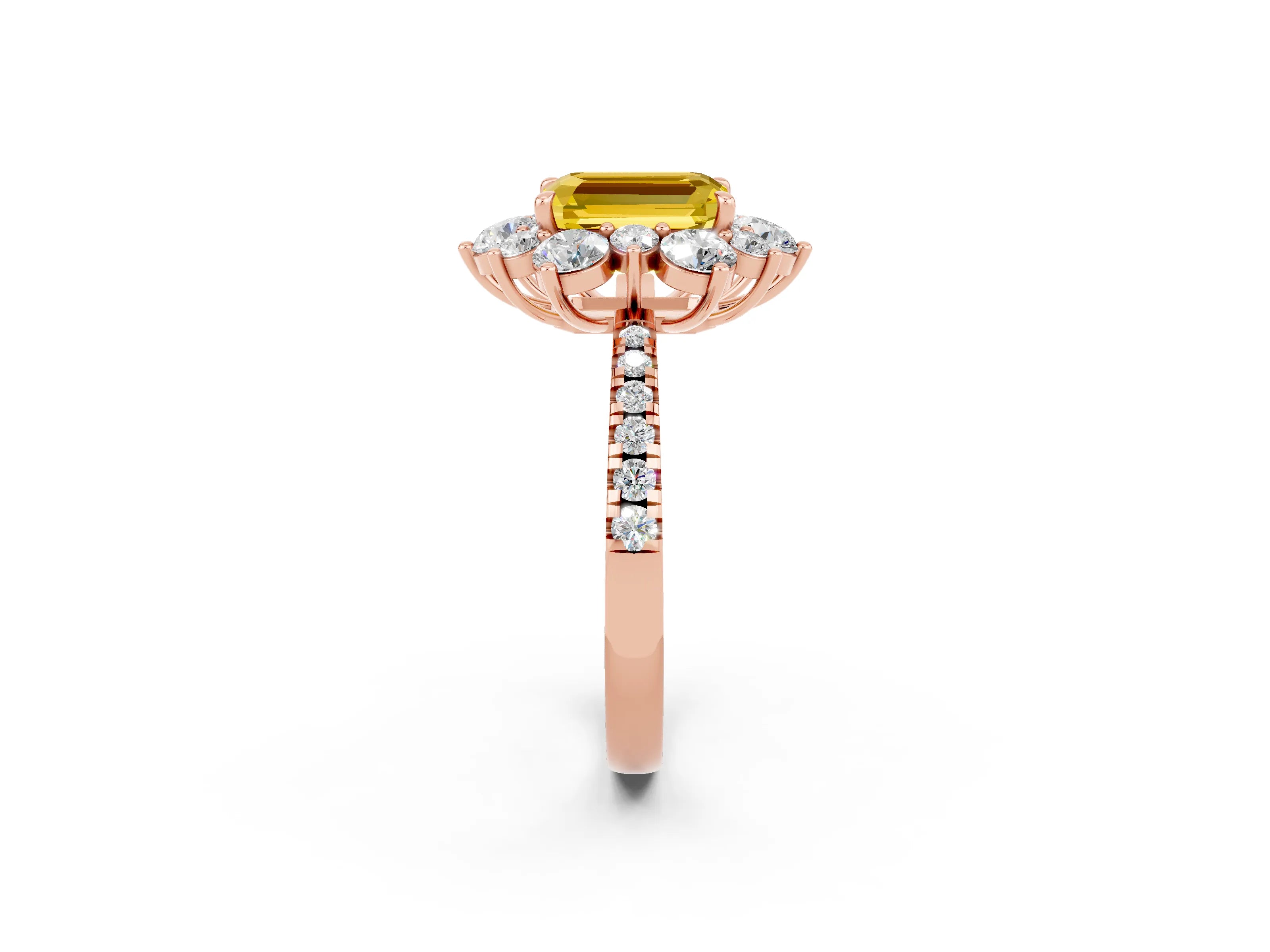 Rose gold Emerald Cut Cut Diamond Floral Halo Pave Band with Prong Setting_2